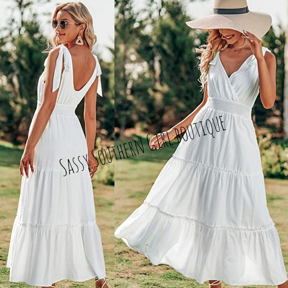 🆕⭐ Boho white tie strap maxi dress
